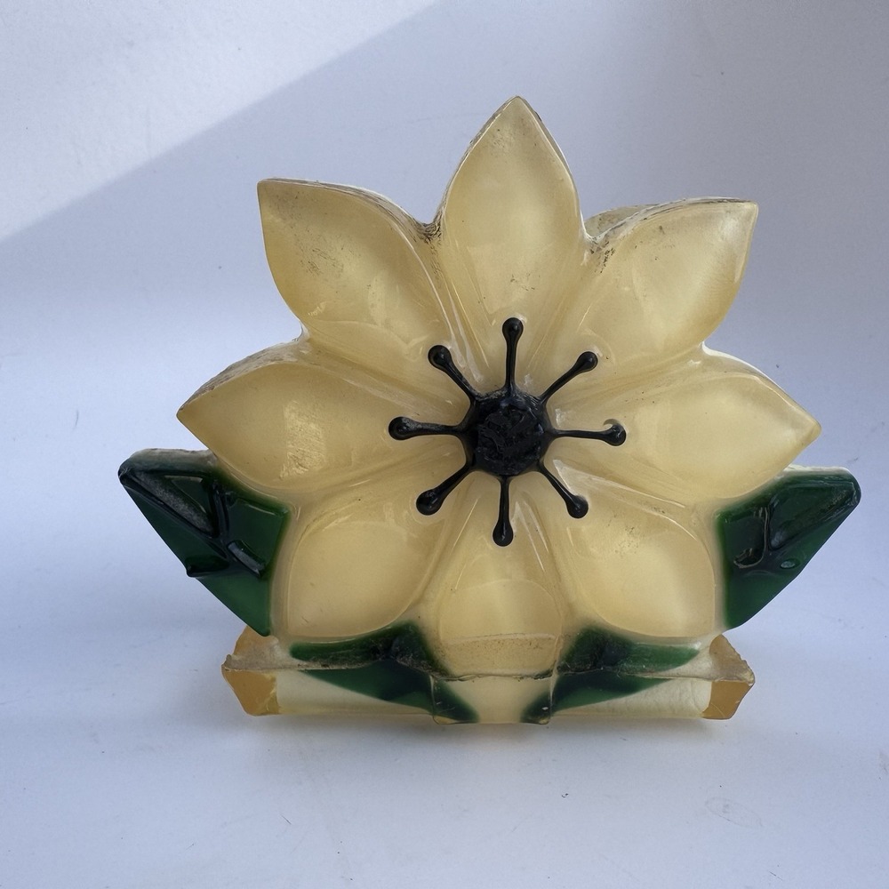 VTG 60s Wondermold Napkin Holder Lucite Yellow Flower Black Stamen Resin Kitchen